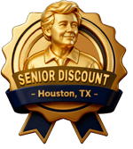 Gold badge graphic featuring a senior figure and offering a senior discount in Houston, TX.