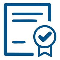 Blue line-art icon of a certificate document with a checkmark ribbon seal.