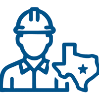 Blue line-art icon of a construction worker in a hard hat beside a Texas state outline.