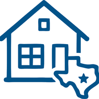 Blue line-art icon of a house next to a Texas state outline with a star.