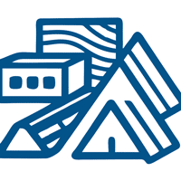 Blue line-art icon of lumber and roofing materials representing premium construction supplies.