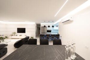 Overhead view of open-concept living spaces in Houston modern home remodel