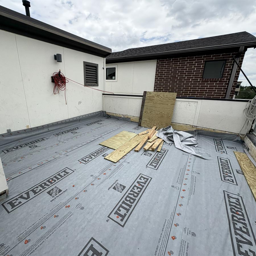 Pre-waterproofing balcony condition showing water infiltration damage Houston