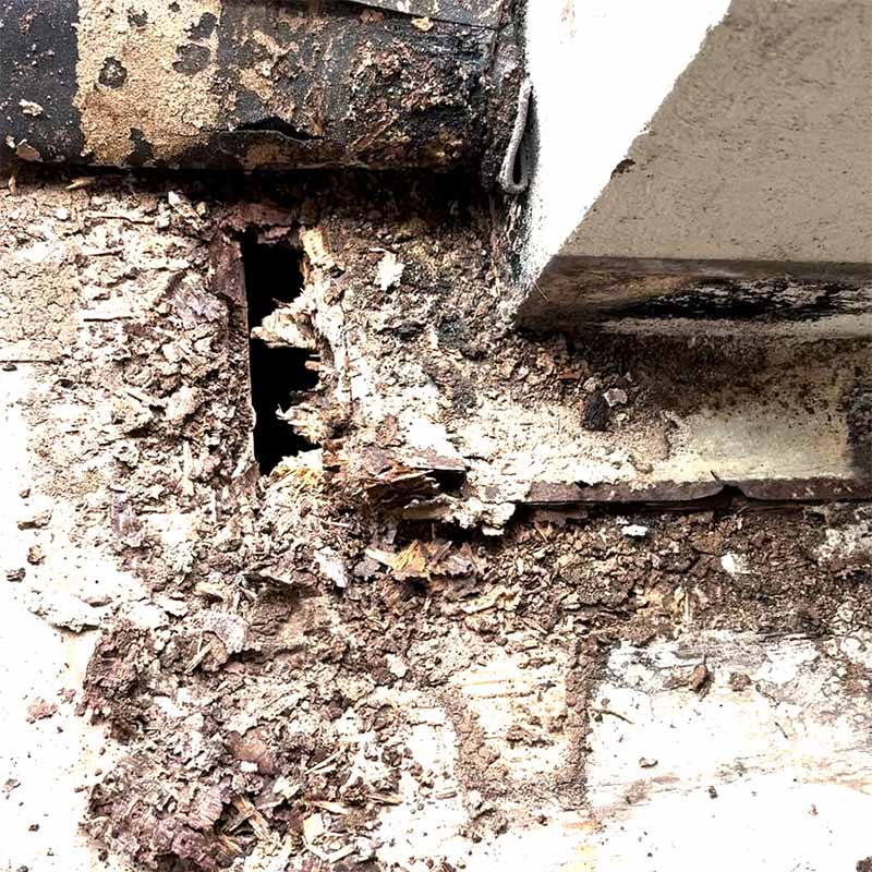 Severe wood rot and water damage at balcony railing post base in Seabrook TX 77586 before waterproofing repair