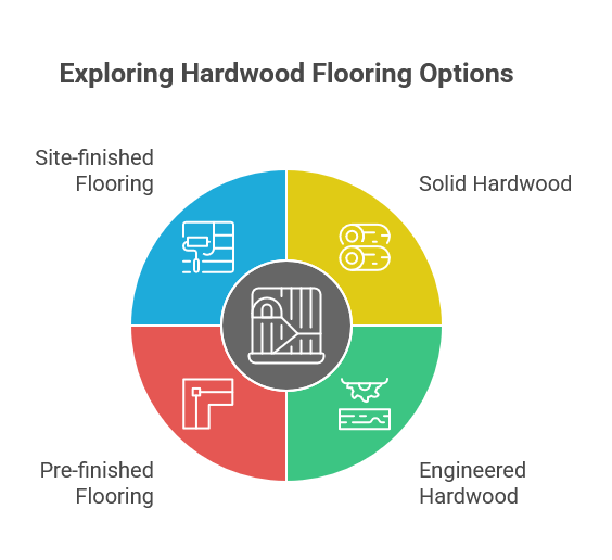 Comparison of hardwood flooring types including solid, engineered, and exotic wood species