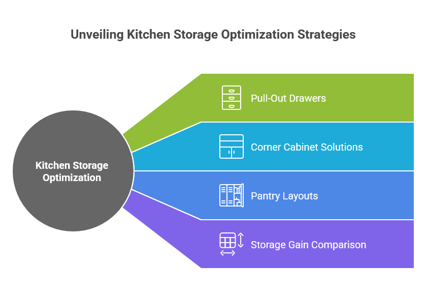 Kitchen cabinet storage optimization and organization systems