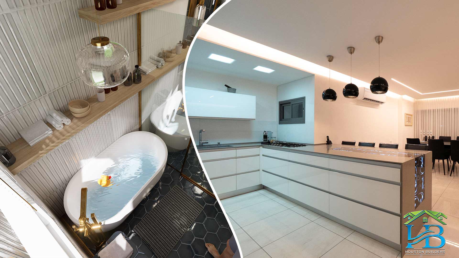 Collage of a freestanding tub bathroom and a modern kitchen with black dome pendant lights in Seabrook, TX