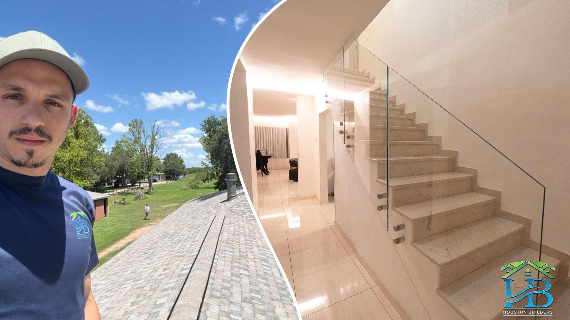 Collage of a contractor by a paver walkway and a marble staircase with glass railing in La Porte, TX