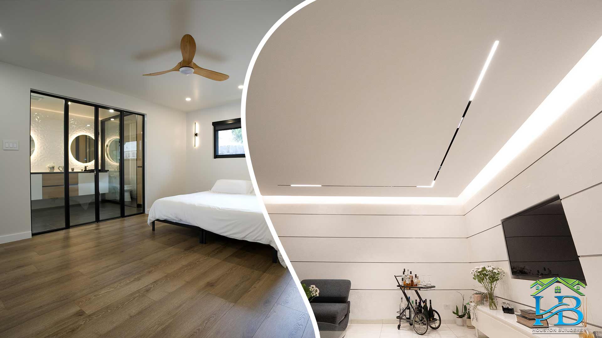 Collage of a minimalist remodeled bedroom and a living room wall with LED cove lighting in Manvel, TX