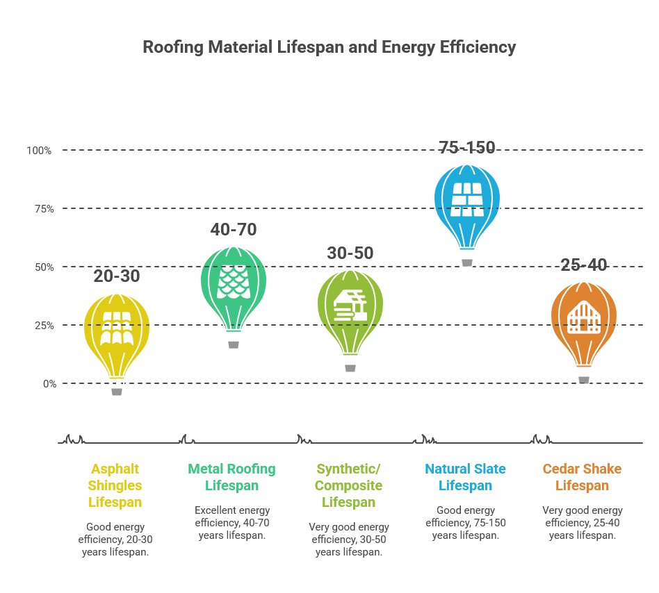 Roofing material lifespan and energy efficiency comparison chart