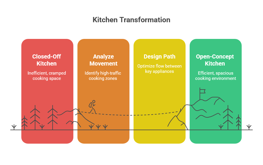 Kitchen golden triangle layout showing optimal placement of sink, stove, and refrigerator