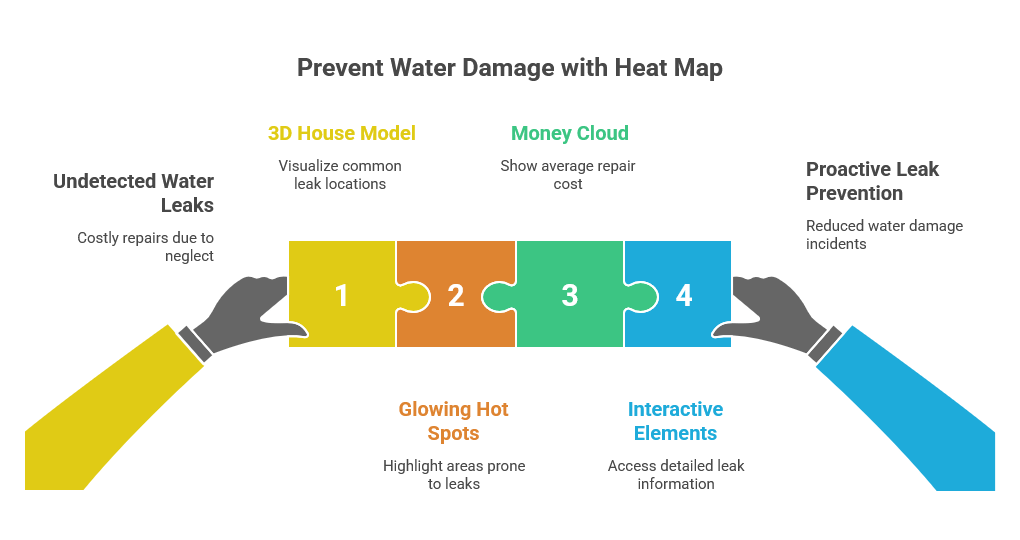 Hidden leaks heat map graphic for Arcola TX homes showing common moisture points around kitchens baths and exterior walls