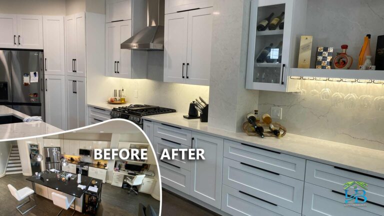 Before-and-after collage pairing the old dark kitchen inset with the finished white shaker kitchen, range hood and glass display cabinet -
