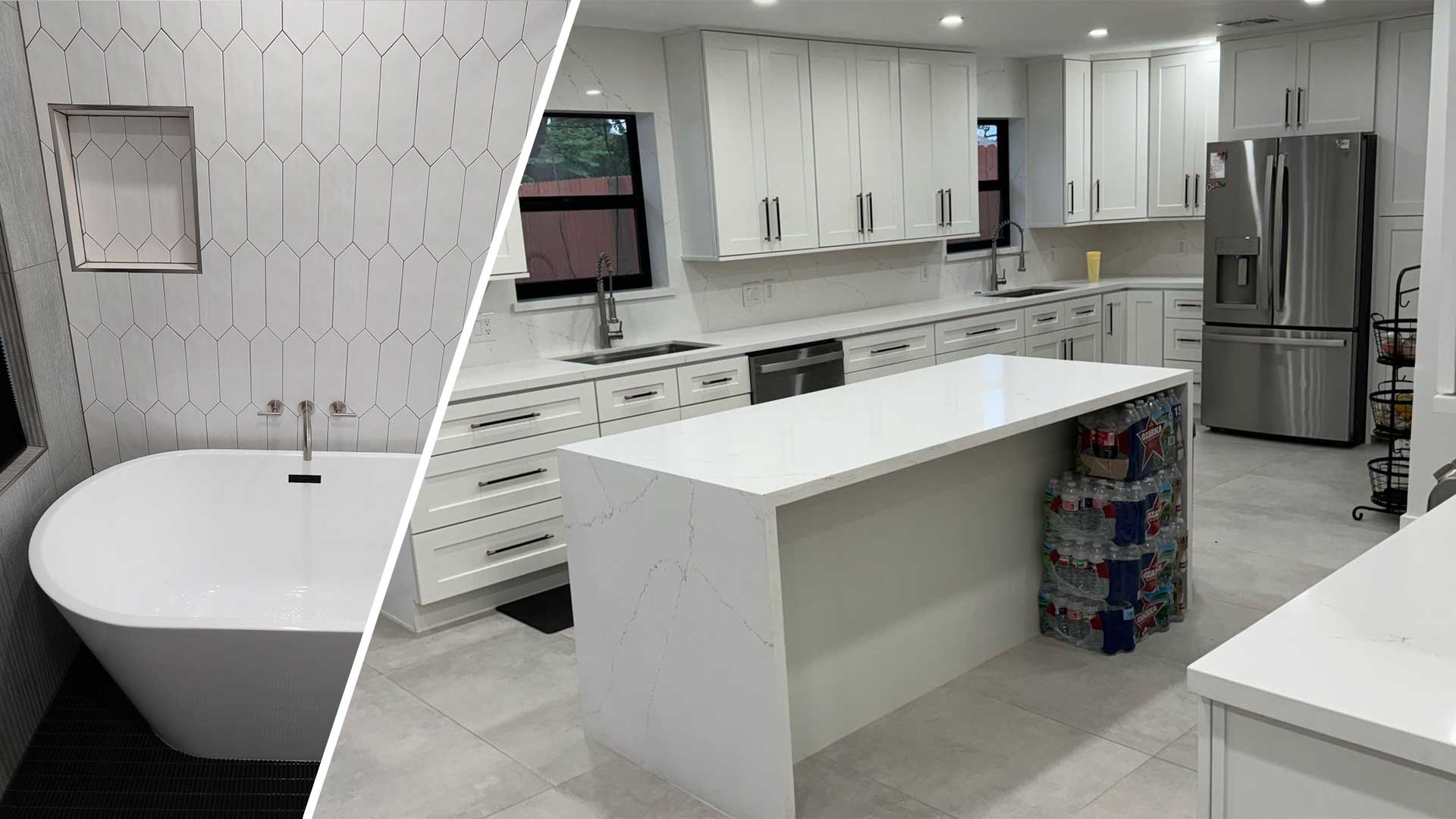 Bathroom with freestanding tub beside a large white kitchen with island and stainless refrigerator