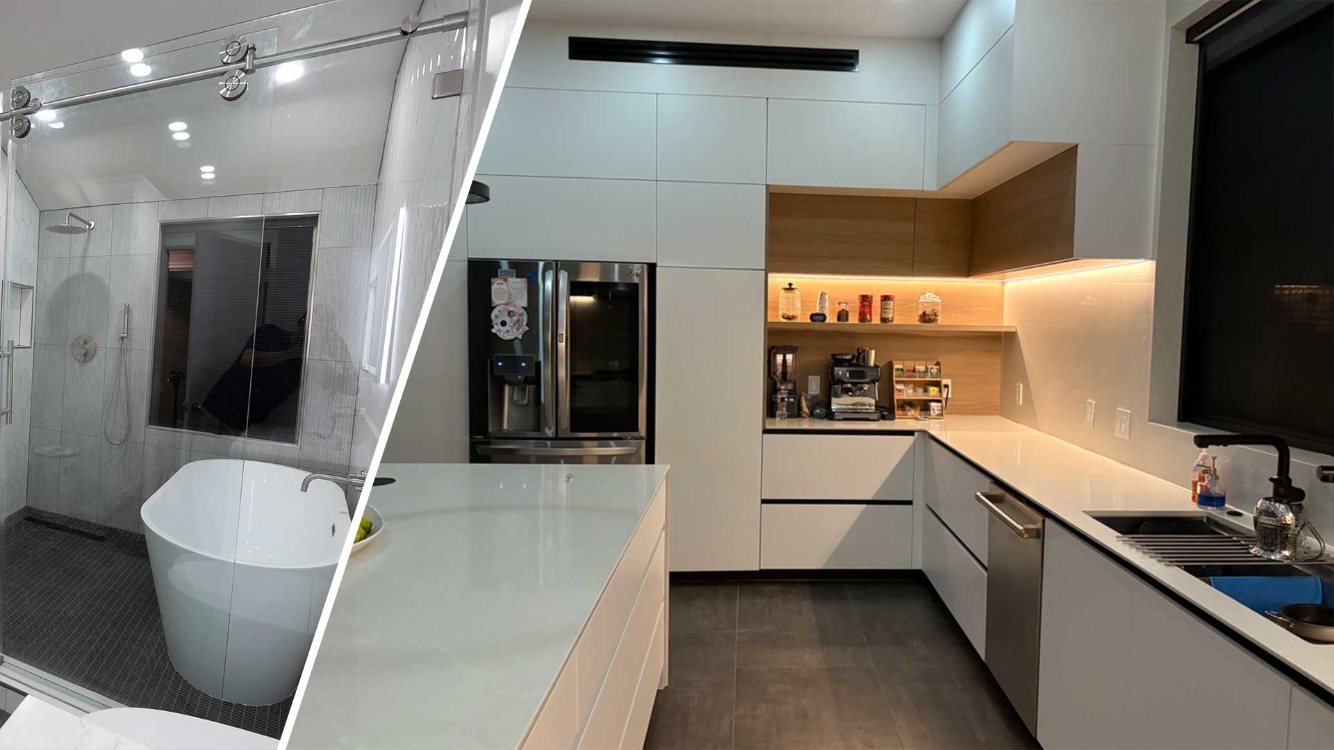 Walk-in shower with freestanding tub beside a modern white kitchen with island and accent lighting