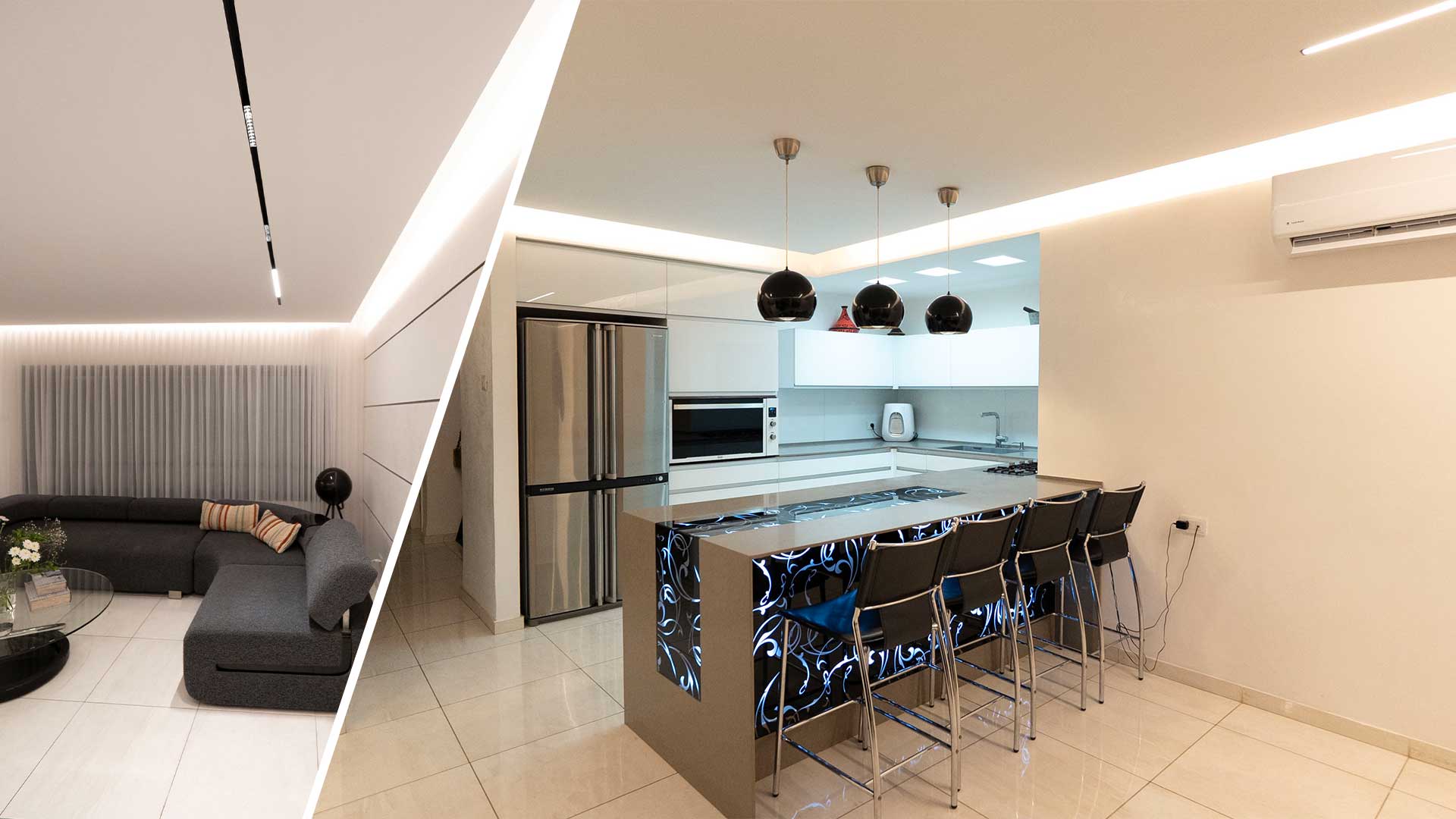 Contemporary living room with gray sectional beside a modern kitchen island with black bar stools