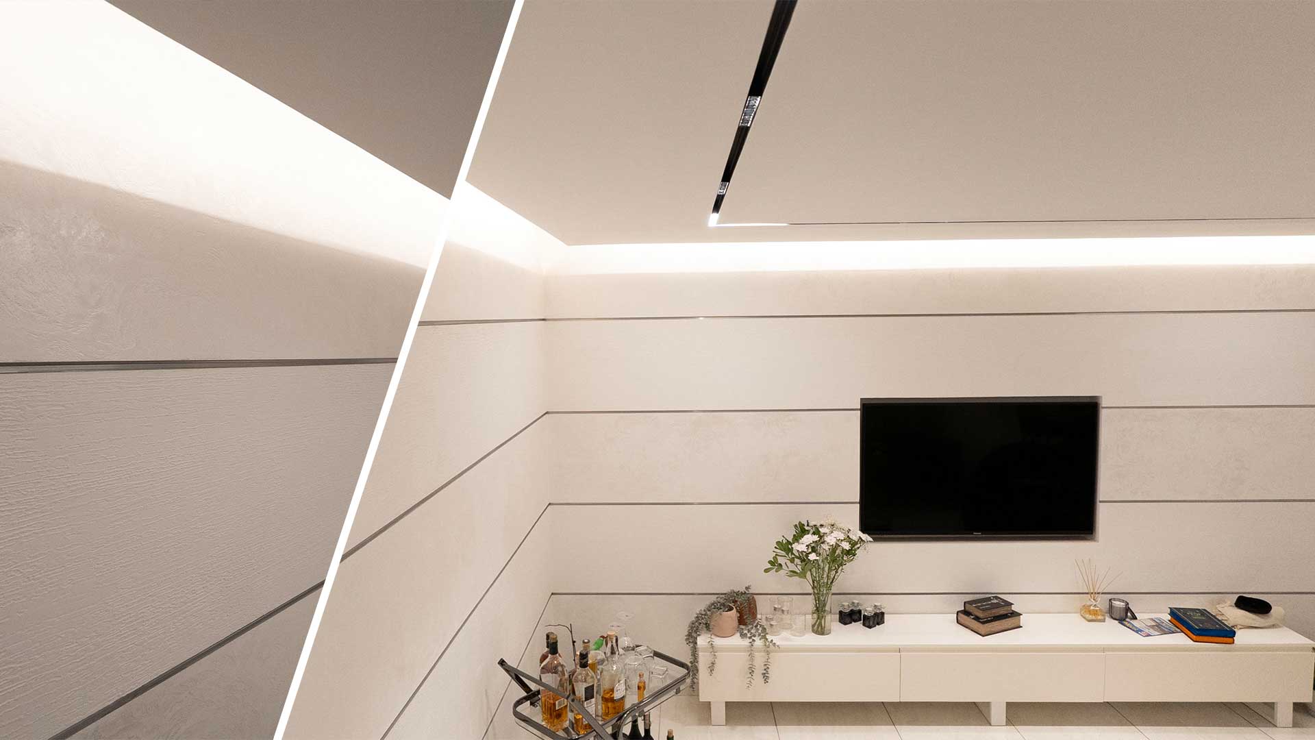 Modern white living room media wall with LED cove lighting and wall-mounted television