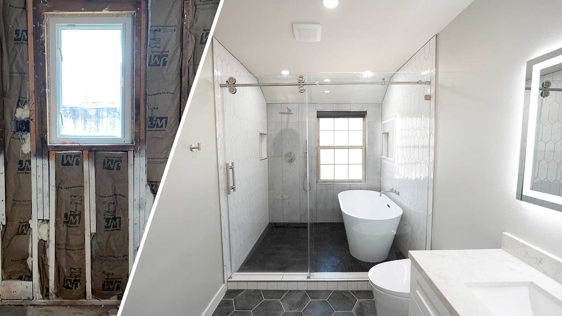 Exposed stud framing remodeled into a bathroom with glass shower enclosure and freestanding tub in Richmond, TX