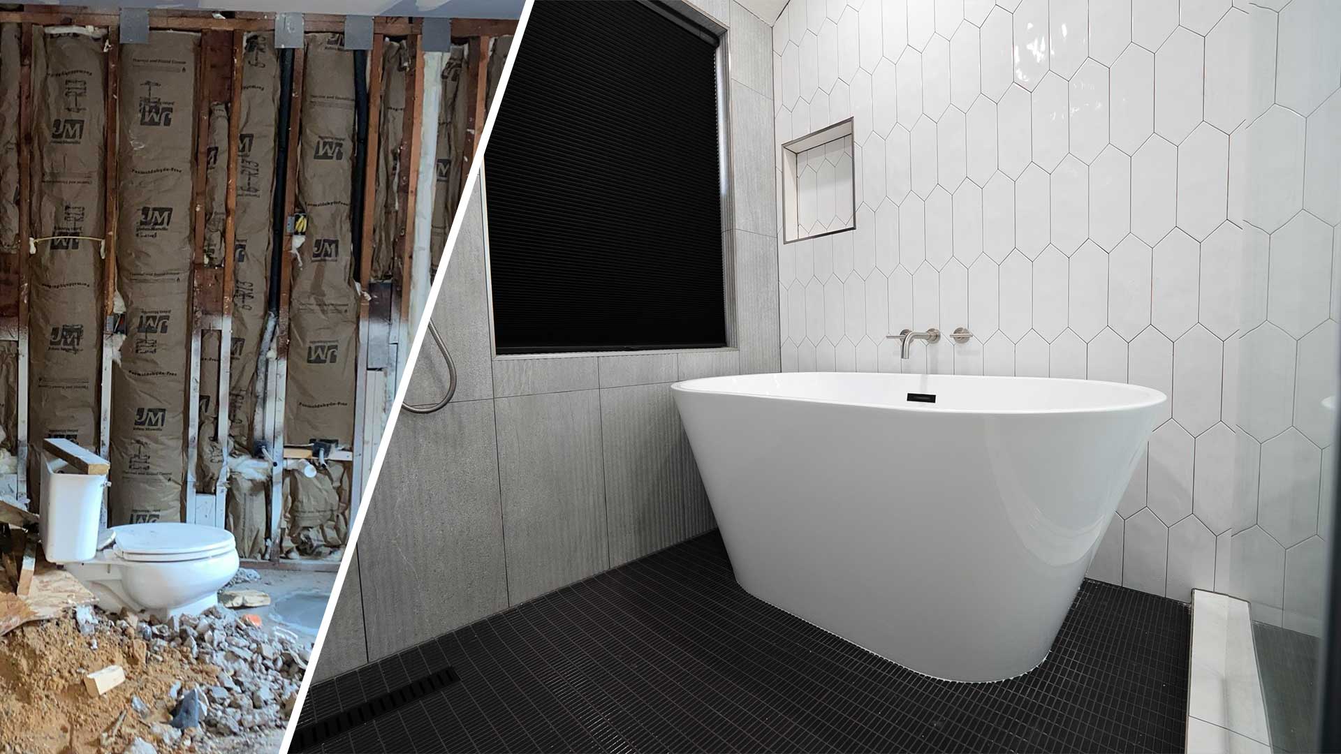 Demolished bathroom rebuilt with freestanding oval tub, white picket tile, and black tile floor in Texas City, TX