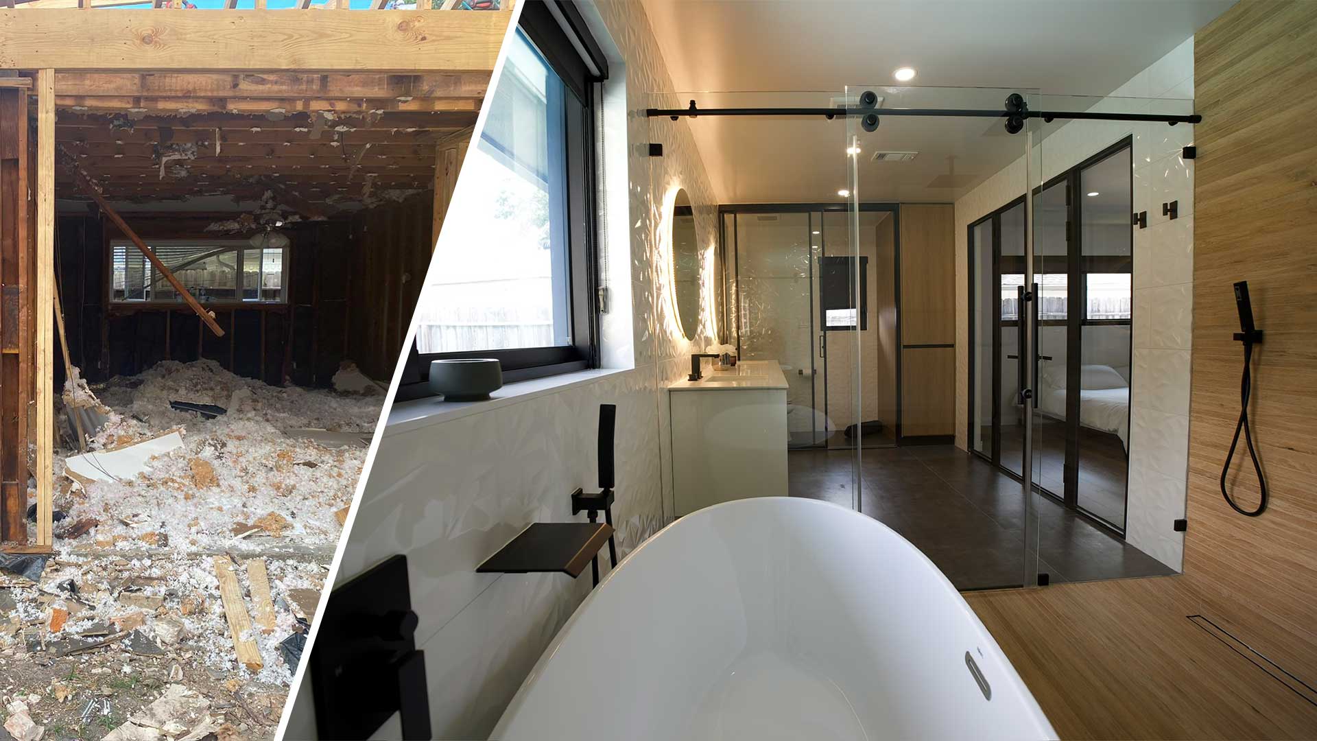 Gutted attic space remodeled into a modern bathroom with freestanding tub and black fixtures in Fulshear, TX