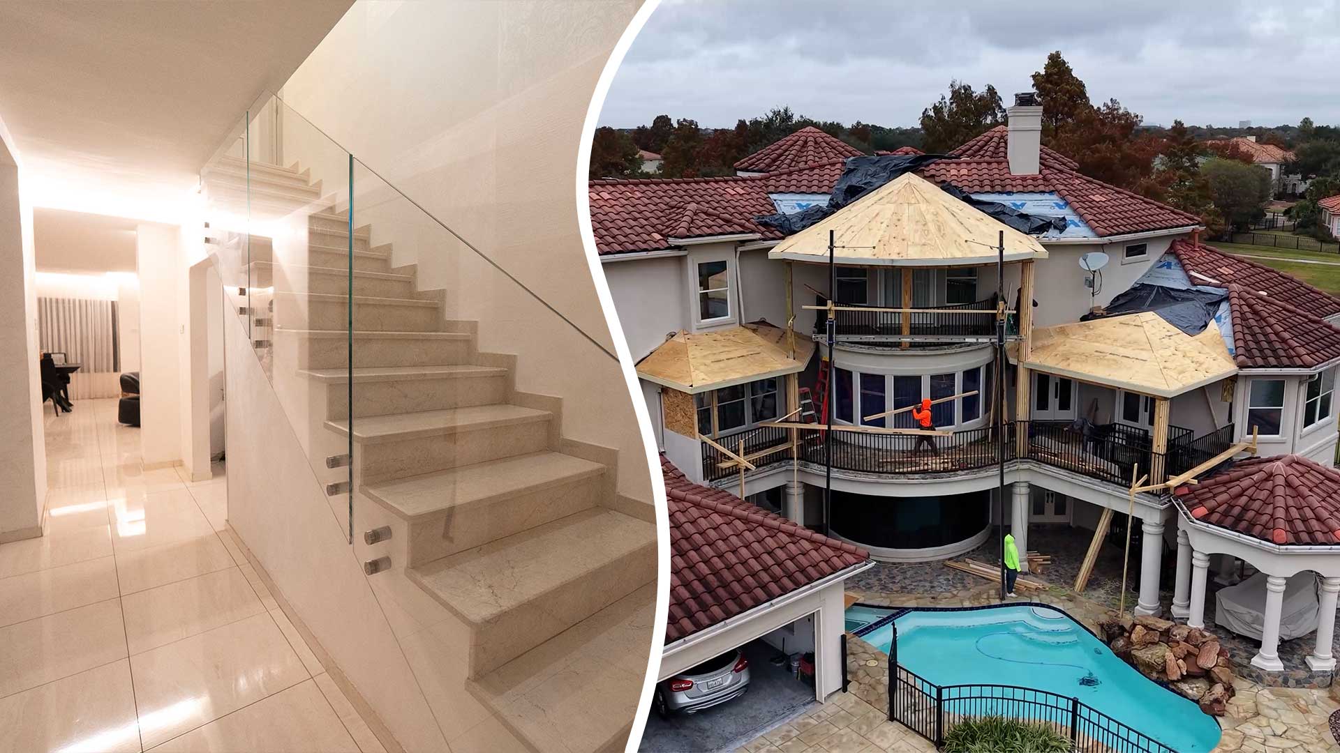 Collage of a white staircase with glass railing and a large home under roof renovation in Spring Valley Village
