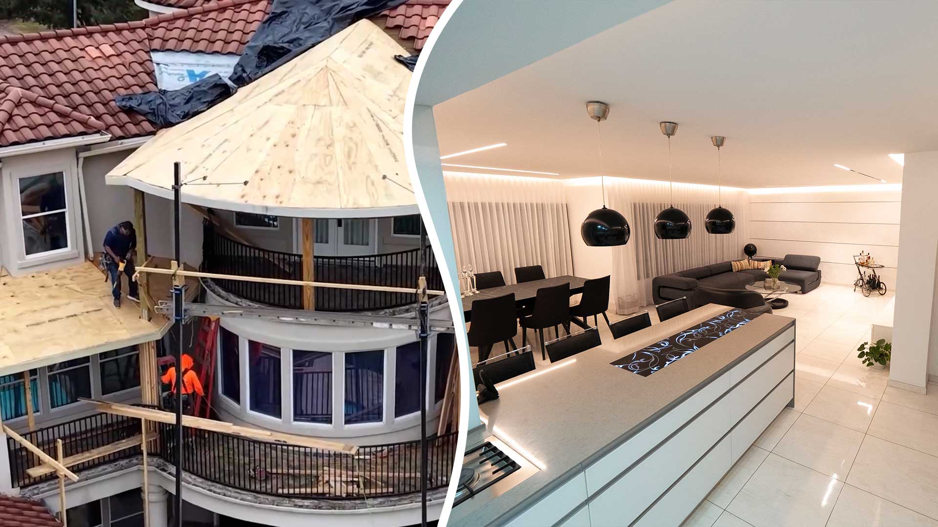 Collage of roof turret framing on a stucco home and a modern white kitchen island in Tomball, TX